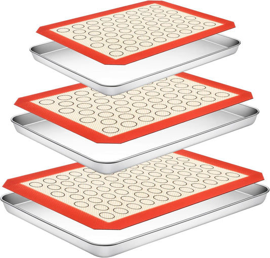 Baking Sheet with Silicone Baking Mat Set,CEKEE Stainless Steel Baking Sheet Pan Tray, Cookie Sheets for Baking, 6PCS Baking Supplies Bakeware Sets for Oven Making Cookies, Macaroons, Bread