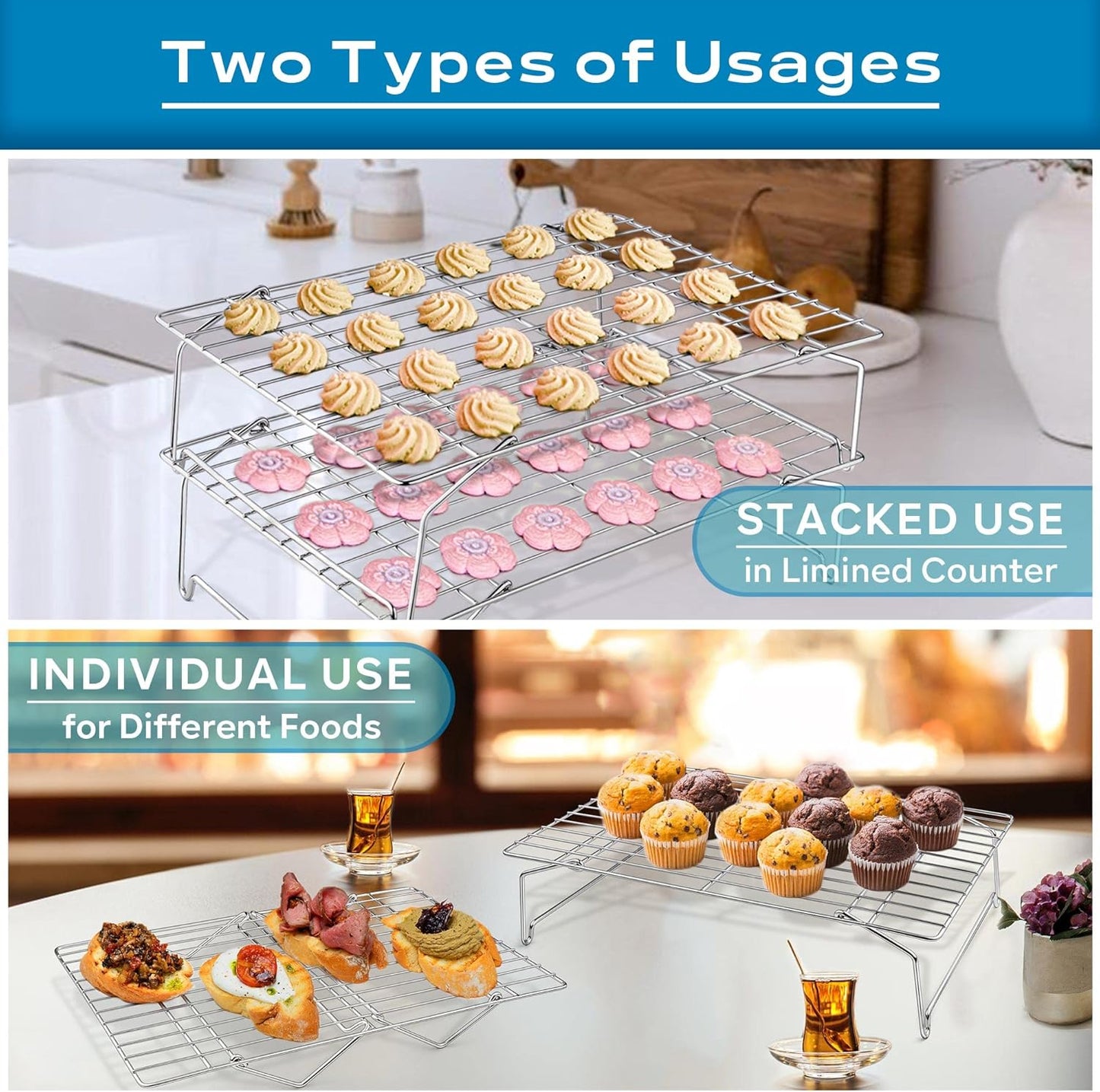 15IN x 10IN Cooling Baking Rack Set of 2, Leonyo 2-Tier Stackable Stainless Steel Wire Baking Cooking Racks Set for Cookie, Pizza, Cup Cake, Raised & Folding Feet