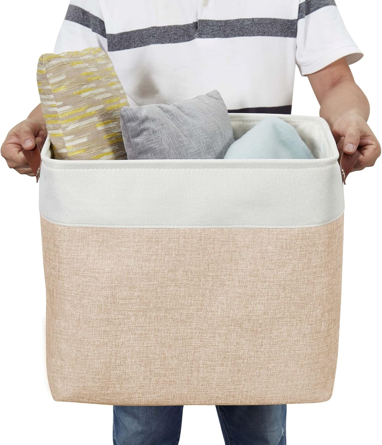 DECOMOMO Extra Large Storage Baskets 54.5L Fabric Storage Bins for Organizing Linen Closet, Toys, Nursery (Beige and White, XXXL - 3 pack)