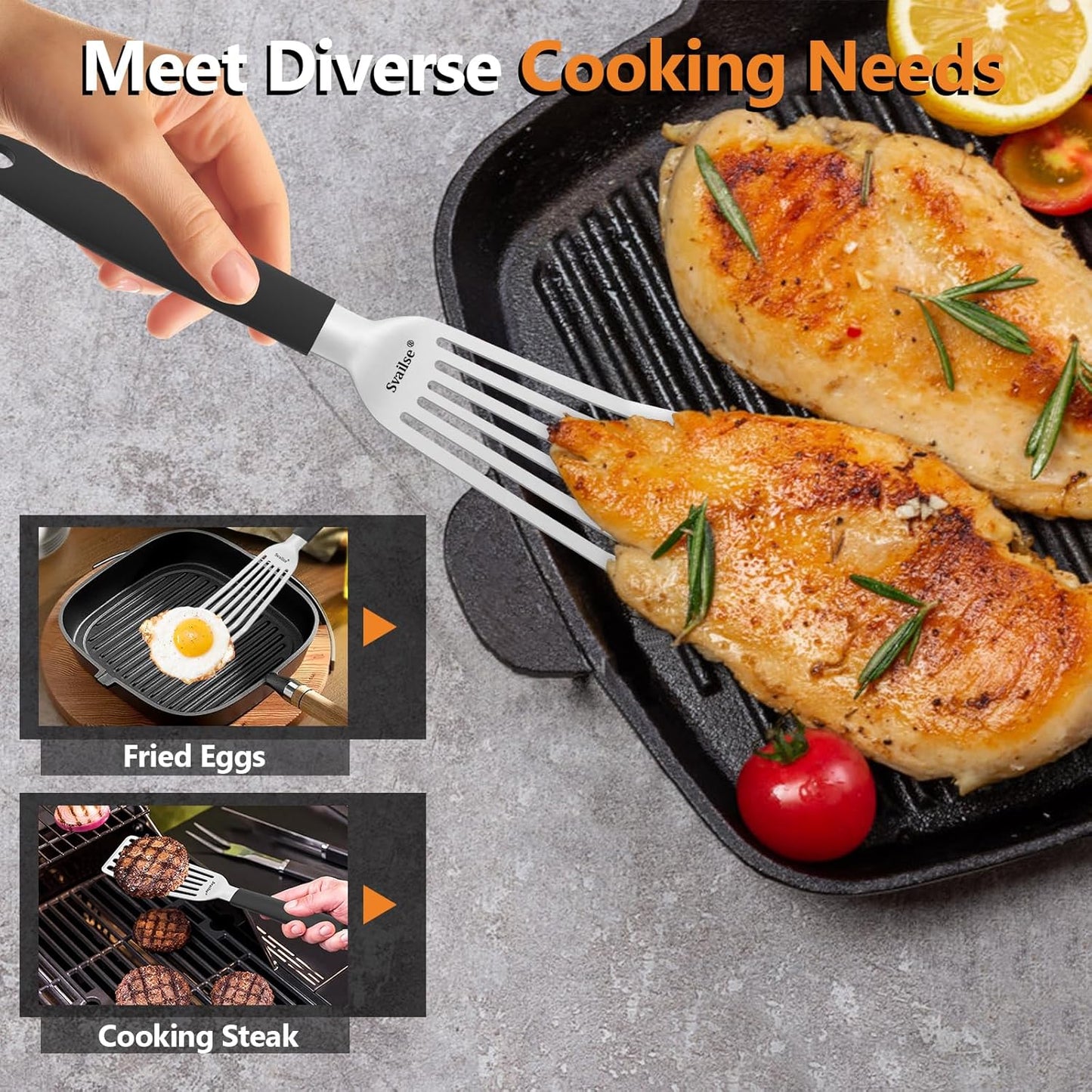 Fish Spatula Stainless Steel, Metal Spatula for Cast Iron Skillet, Slotted Turner with Silicone Handle for Cooking, Grilling, Flipping, Egg, Cookie, Pancake and Burger (Small and Large)