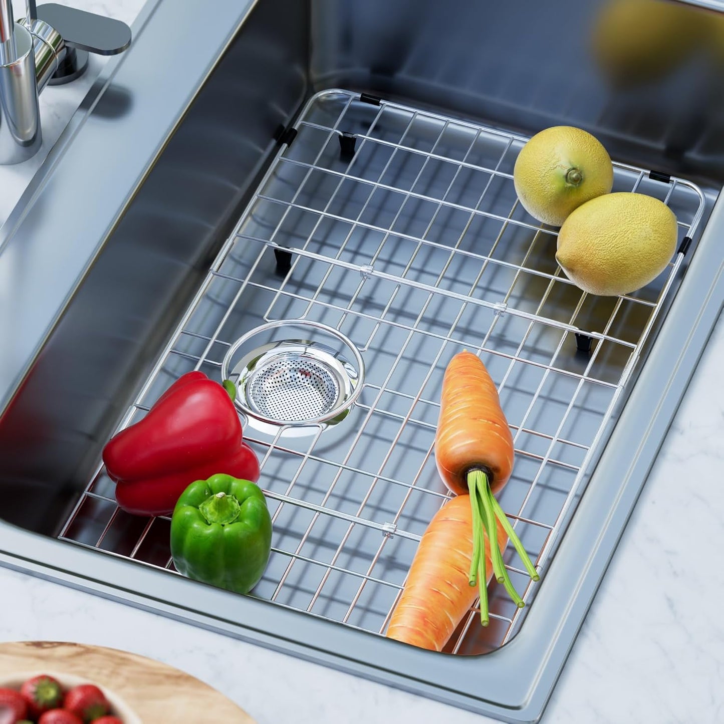 iPEGTOP Sink Bottom Grid, Stainless Steel Sink Protector 27-1/2" x 13-1/2" Rear Drain Hole with Corner Radius, Sink Grate Rack for Bottom of Kitchen Sink Single Bowl with Hole Cover