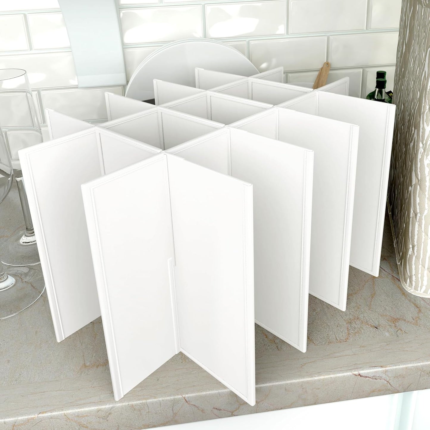 Martha Stewart Dinnerware Stemware Glassware Stackable Organizer Home Storage Container Case, Set of 2 Goblet Stemware Storage Organizers With Removable Fabric Dividers, Skyland Faux Bois