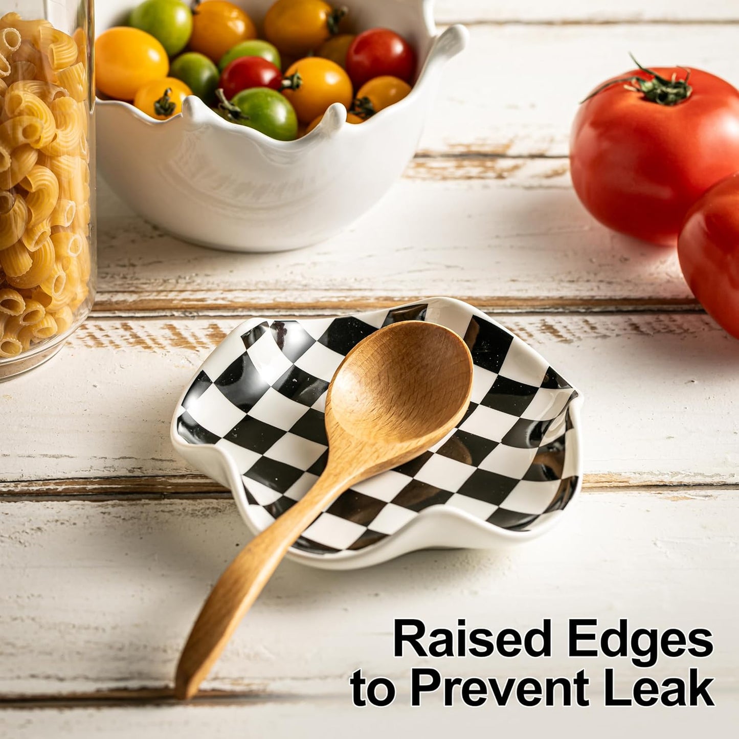 Spoon Rest for Stove Top - 5.3in Checkered Spoon Holder Utensil Rest, Ceramic Spoon Rests for Kitchen, Cooking - Black and White Kitchen Decor, Housewarming Gifts