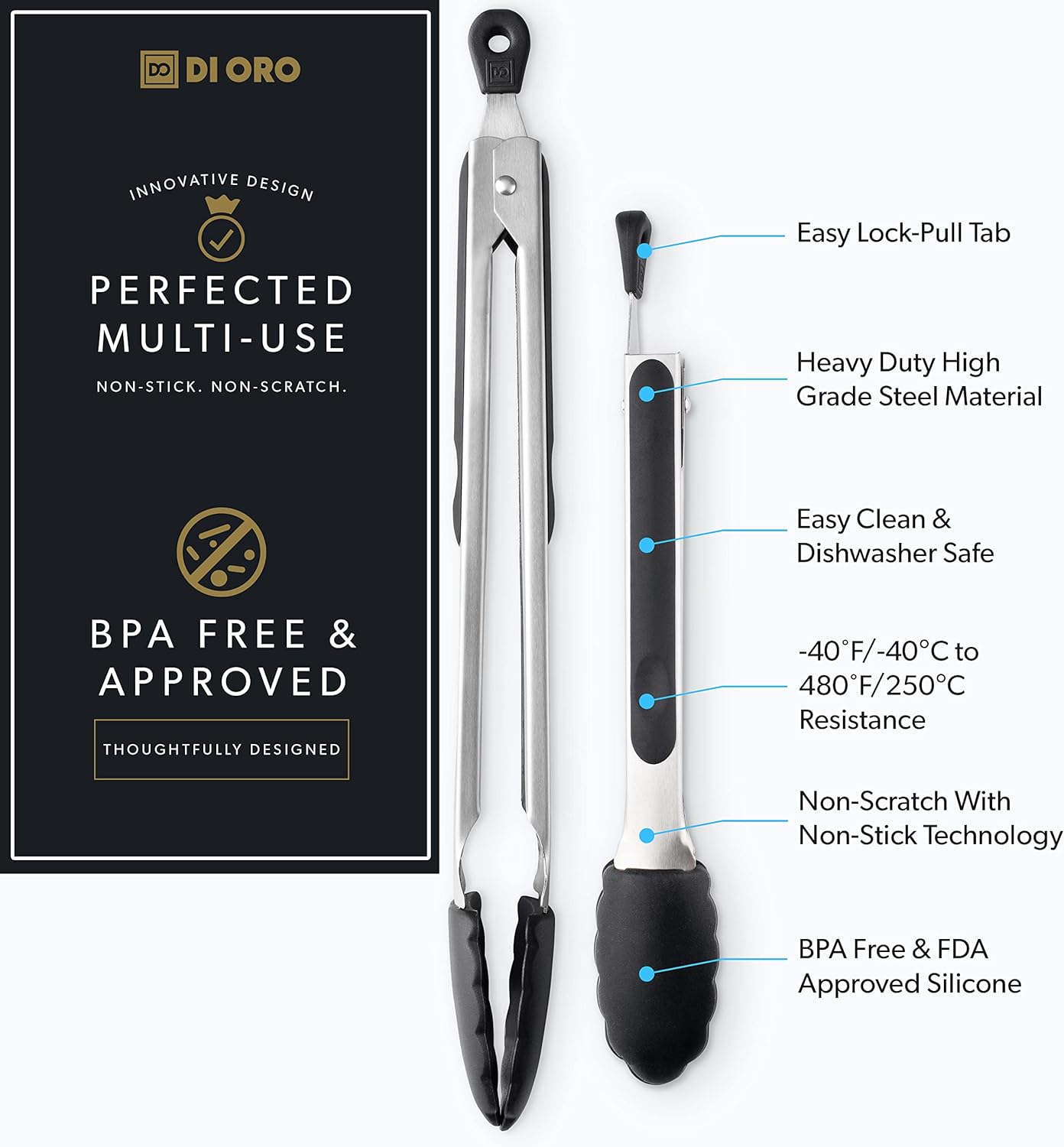 DI ORO Silicone Tongs for Cooking - Heat-Resistant Kitchen Tongs for Cooking with Silicone Tips - Small 9" & Large 12" for Nonstick Cookware - Stainless Steel Rubber Tipped (2pc, Black)