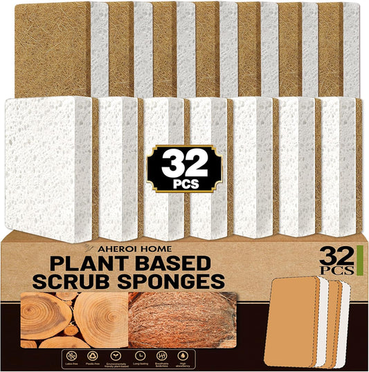 Aheroi Natural Dish Sponge, 32 Count Plant-Based Biodegradable Compostable Kitchen Sponges for Dishes Bulk, Organic Eco Friendly Cleaning Sponge for Bathroom, Household, Non Scratch Non Toxic