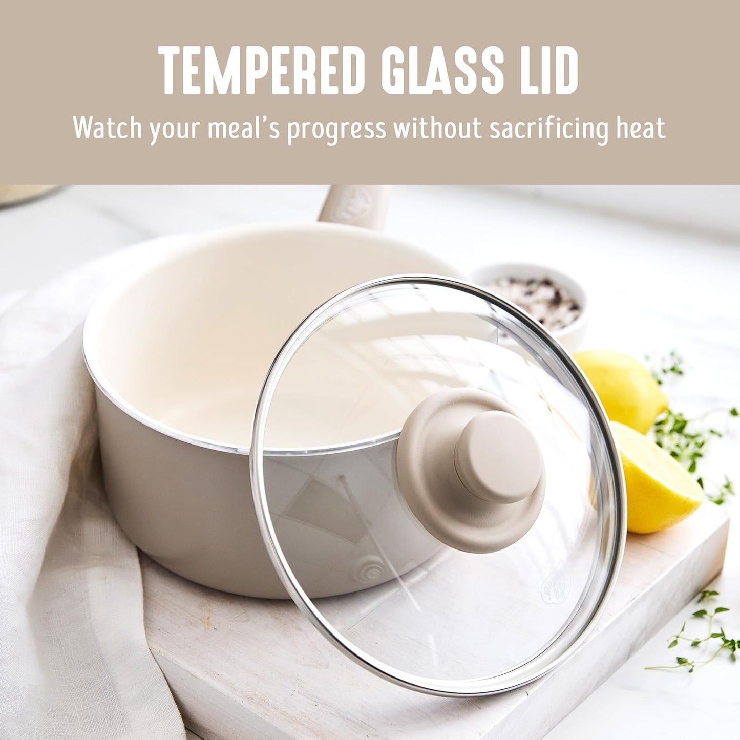 GreenLife 2 Quart Ceramic Nonstick Saucepan with Lid, PFAS-Free, Stay-Cool Handle, Multipurpose Kitchen Cooking Pot, Dishwasher & Oven Safe, Taupe