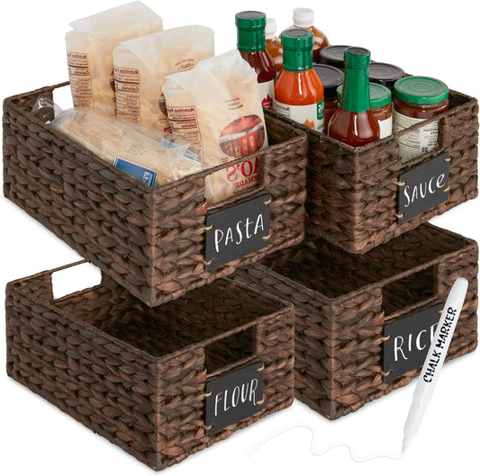 Best Choice Products Set of 4 9x12in Water Hyacinth Pantry Baskets, Woven Organizers w/Chalkboard Label, Chalk Marker - Brown