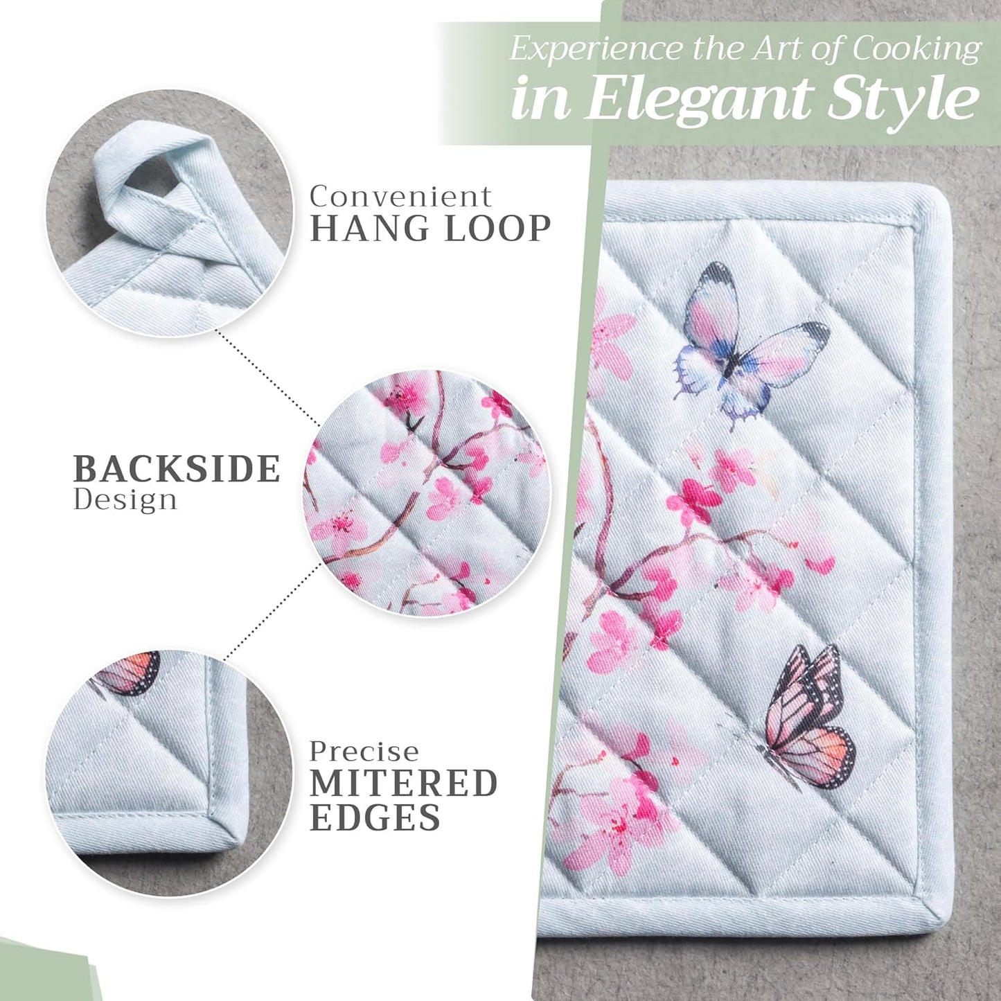 Maison d' Hermine Pot Holders 100% Cotton Heat Resistant Potholders 8" x 8" Hot Pads with Loop BBQ, Cooking, Baking, Grilling, Kitchen, Handling Hot Pans Spring/Summer (Pack of 1, Blossoms in Spring)