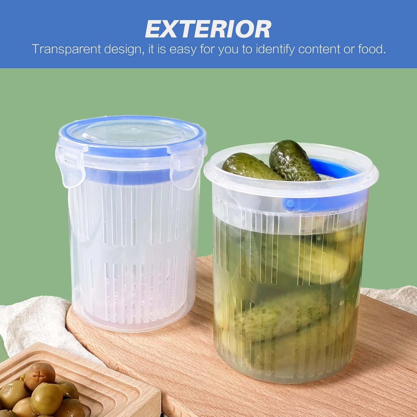 Pickle Jar 24oz 2Pack Pickle container with strainer Pickle Holder Keeper Lifter, pickle storage container pickle strainer, Flip Jar with Leak Proof and Lock It Lid