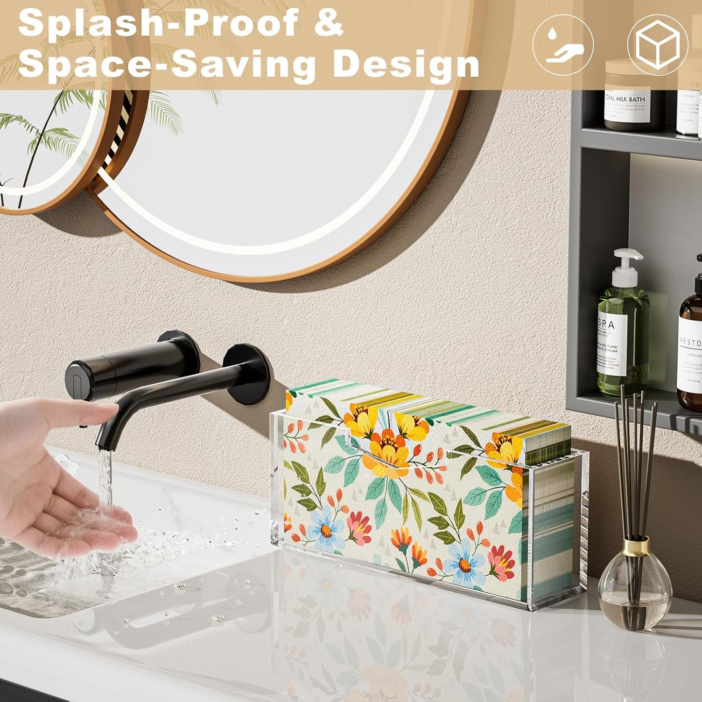 HELPLEX Clear Acrylic Guest Towel & Napkin Holder - Waterproof Splash-Proof Vertical Design for Bathroom, Kitchen, Dining Table - Home Hotel Office Organizer (1-Pack)