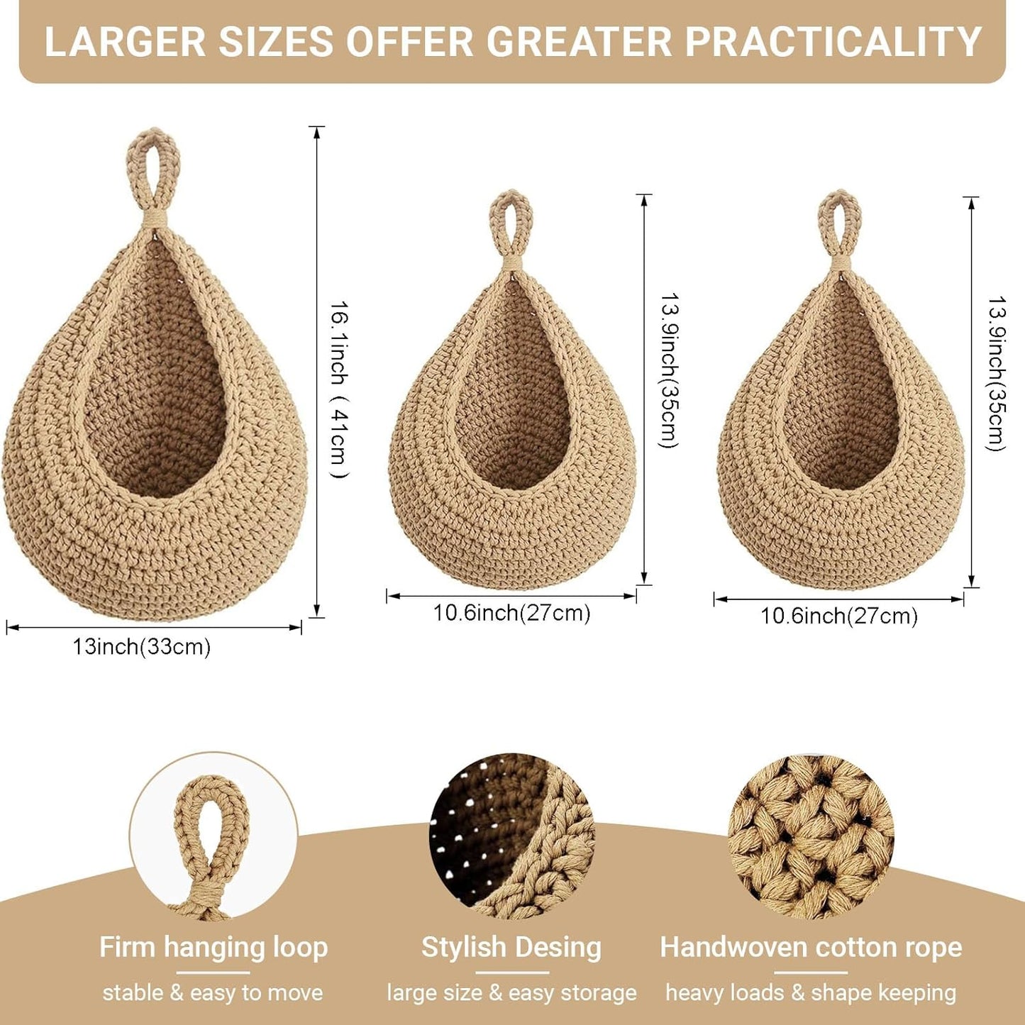 Halidali Hanging Fruit Baskets for Kitchen, 3 Pack Boho Cotton Rope Handwoven Vegetable Storage Wall Mounted Large Organizing Basket for Farmhouse Decor, Onion, Potato, Garlic and Plants (Linen)