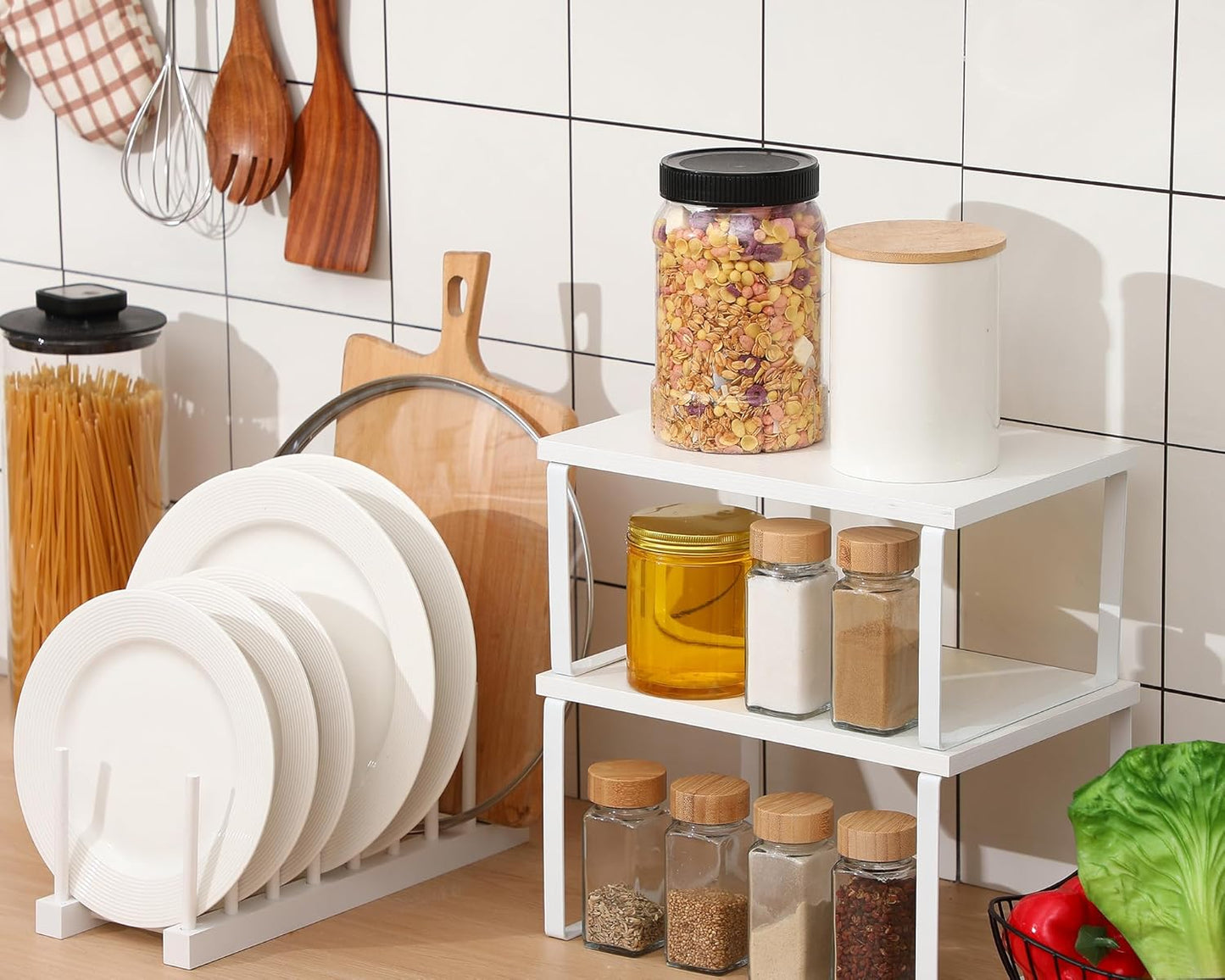 Marsui 4 Pcs Kitchen Organizer Accessories Set Cabinet Organizer Shelf and Bamboo Dish Drying Plate Rack Counter Shelves Storage Holder for Spice Rack, Dish, Pot Lid, Bowl, Cup (White)