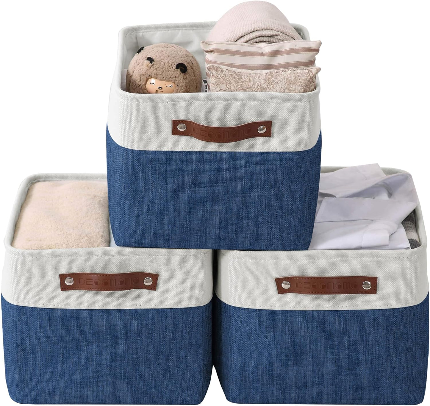 DECOMOMO Storage Baskets for Shelves - Fabric Storage Bins, Linen Closet Organizers and Storage (Navy Blue & White, Large - 3 Pack)