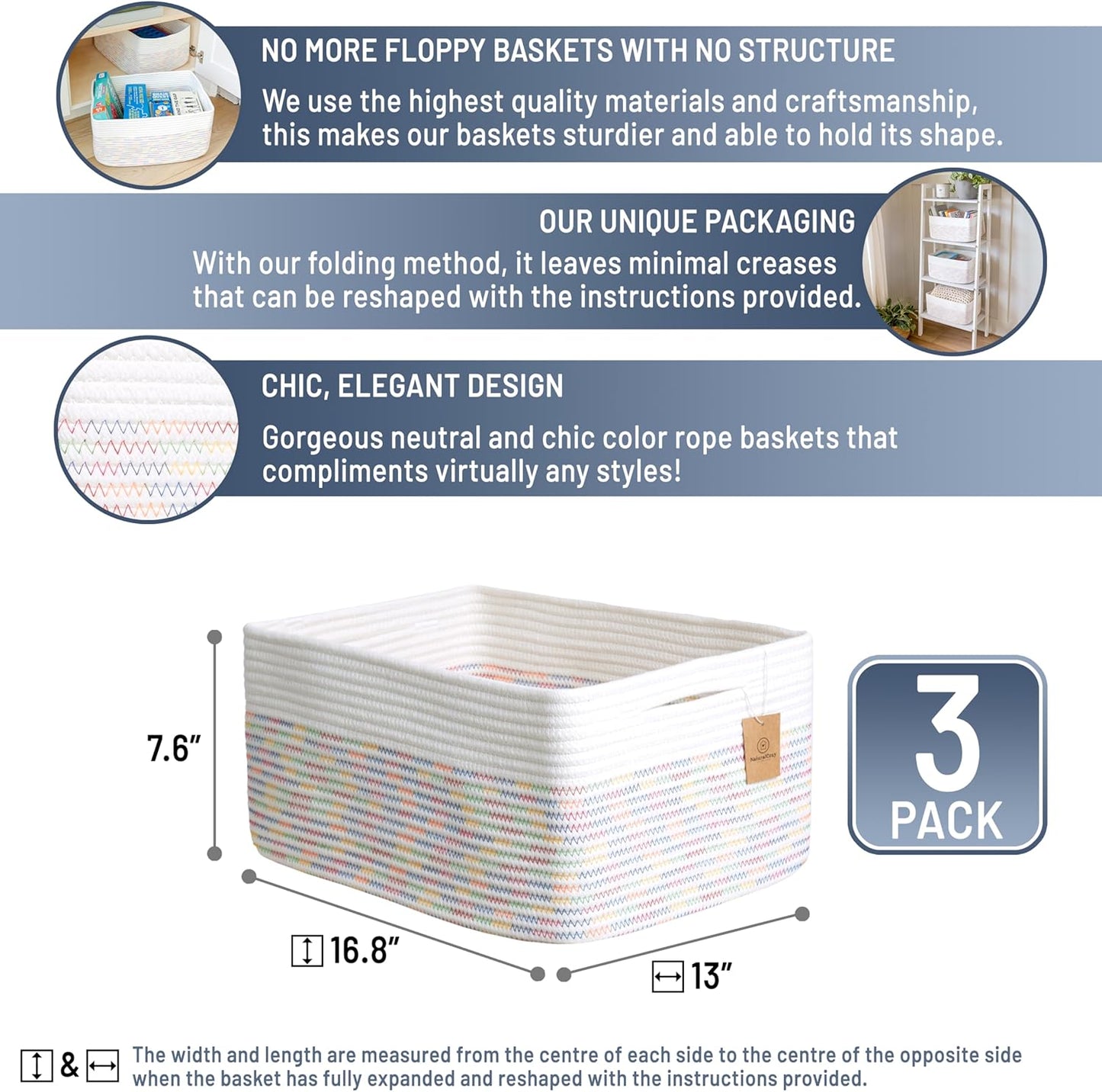 NaturalCozy Storage Baskets 16.8”x13”x7.6” Cotton Rope Woven Baskets for Organizing 3-Pack | Toy Storage Bins | Basket for Shelves, Laundry, Blanket, Clothes, Closet, Kitchen, Bathroom, Gifts