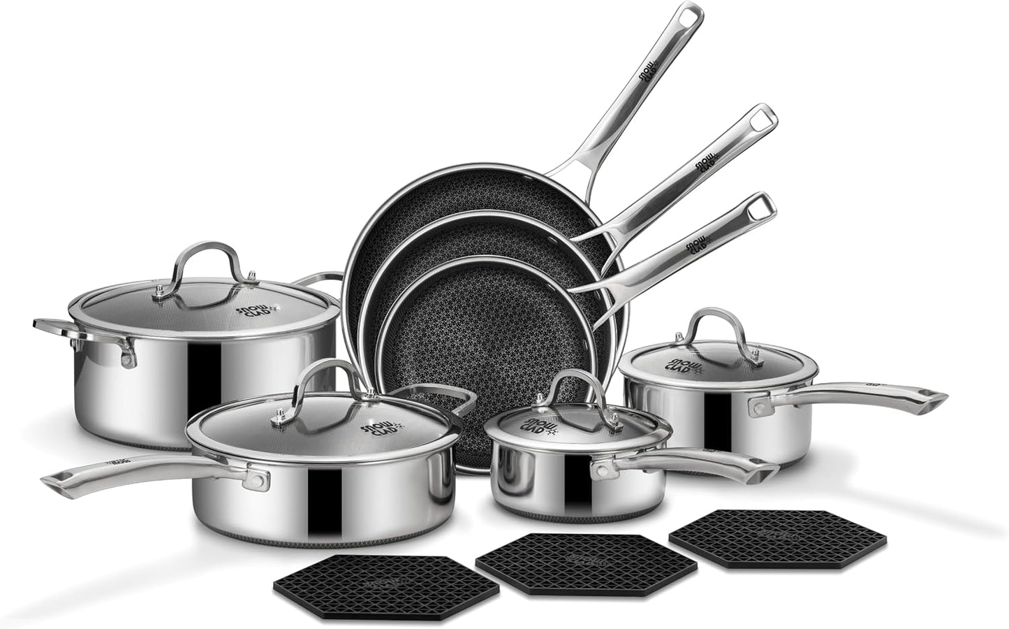 SNOWCLAD Pots and Pans Set Non Stick, 14 Pcs Hybrid Stainless Steel Cookware Sets, Non Stick Frying Pans, Saucepans, Saute Pan & Stock Pot, PFOA Free Kitchen Skillet,Induction Compatible