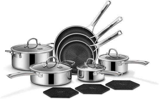 SNOWCLAD Pots and Pans Set Non Stick, 14 Pcs Hybrid Stainless Steel Cookware Sets, Non Stick Frying Pans, Saucepans, Saute Pan & Stock Pot, PFOA Free Kitchen Skillet,Induction Compatible