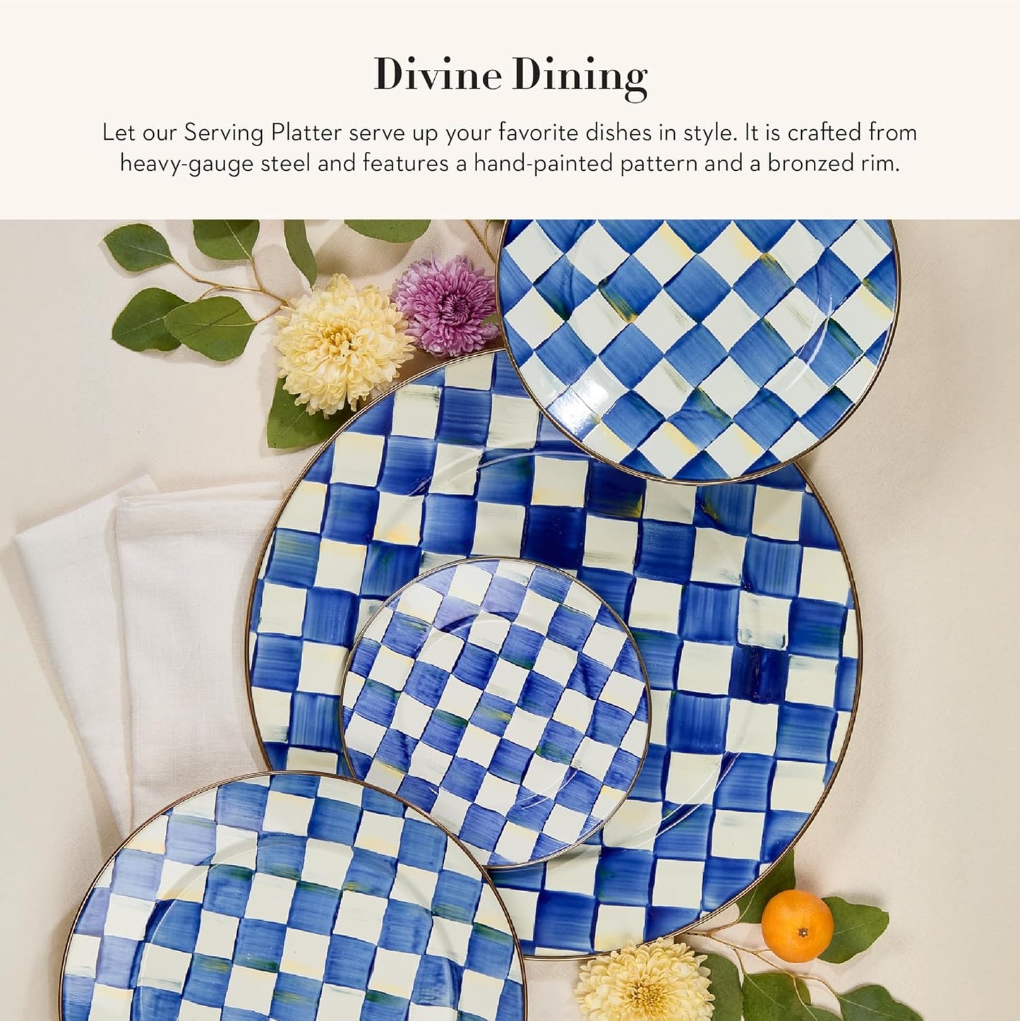 MACKENZIE-CHILDS Enamel Serving Platter, Decorative Serving Platter for Food, 16 Inches, Blue-and-White Royal Check