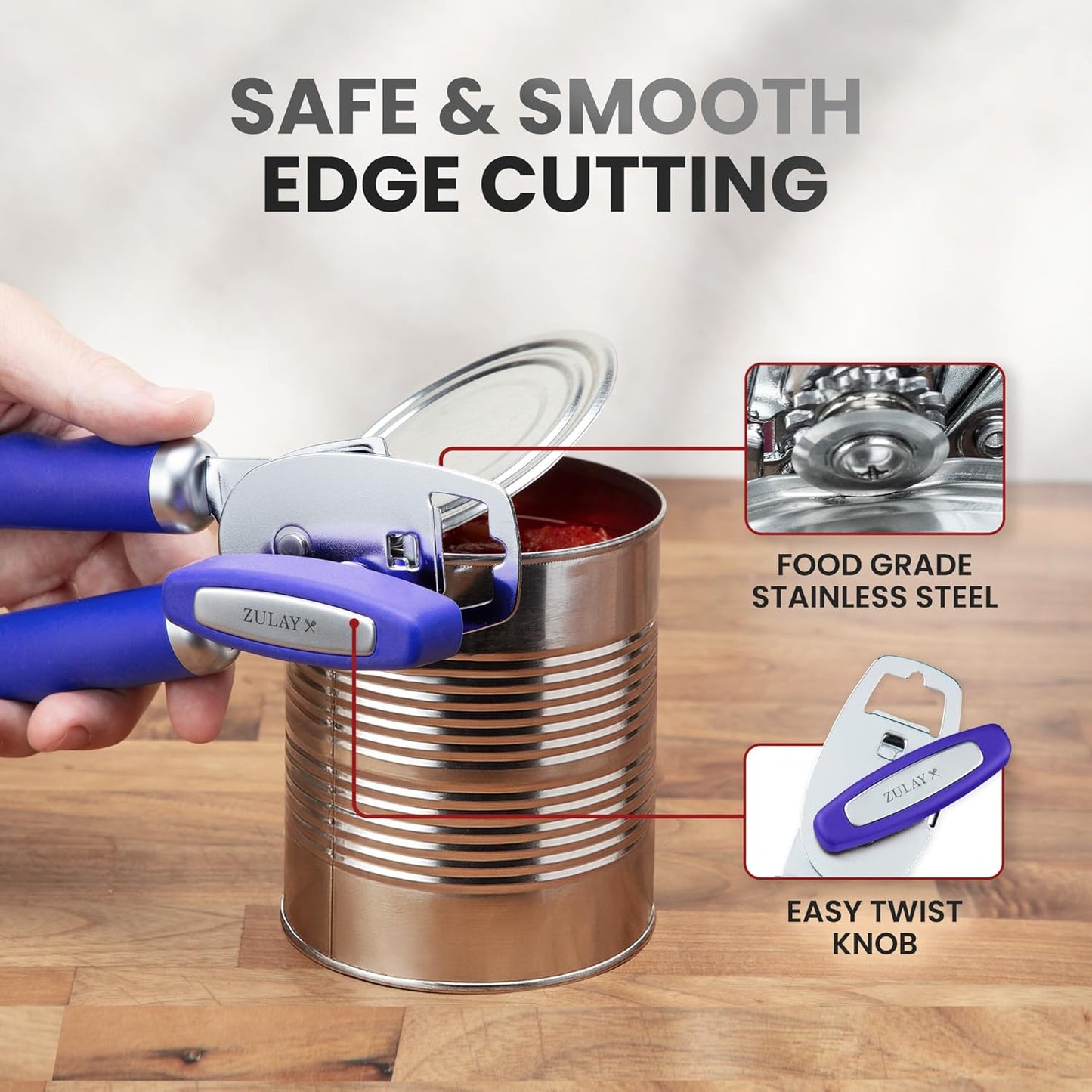 Zulay Kitchen Heavy Duty Stainless Steel Can Opener Manual with Bottle Opener - Rust Proof Manual Can Opener With Turn Knob & Comfy Soft Grip Handles - Purple