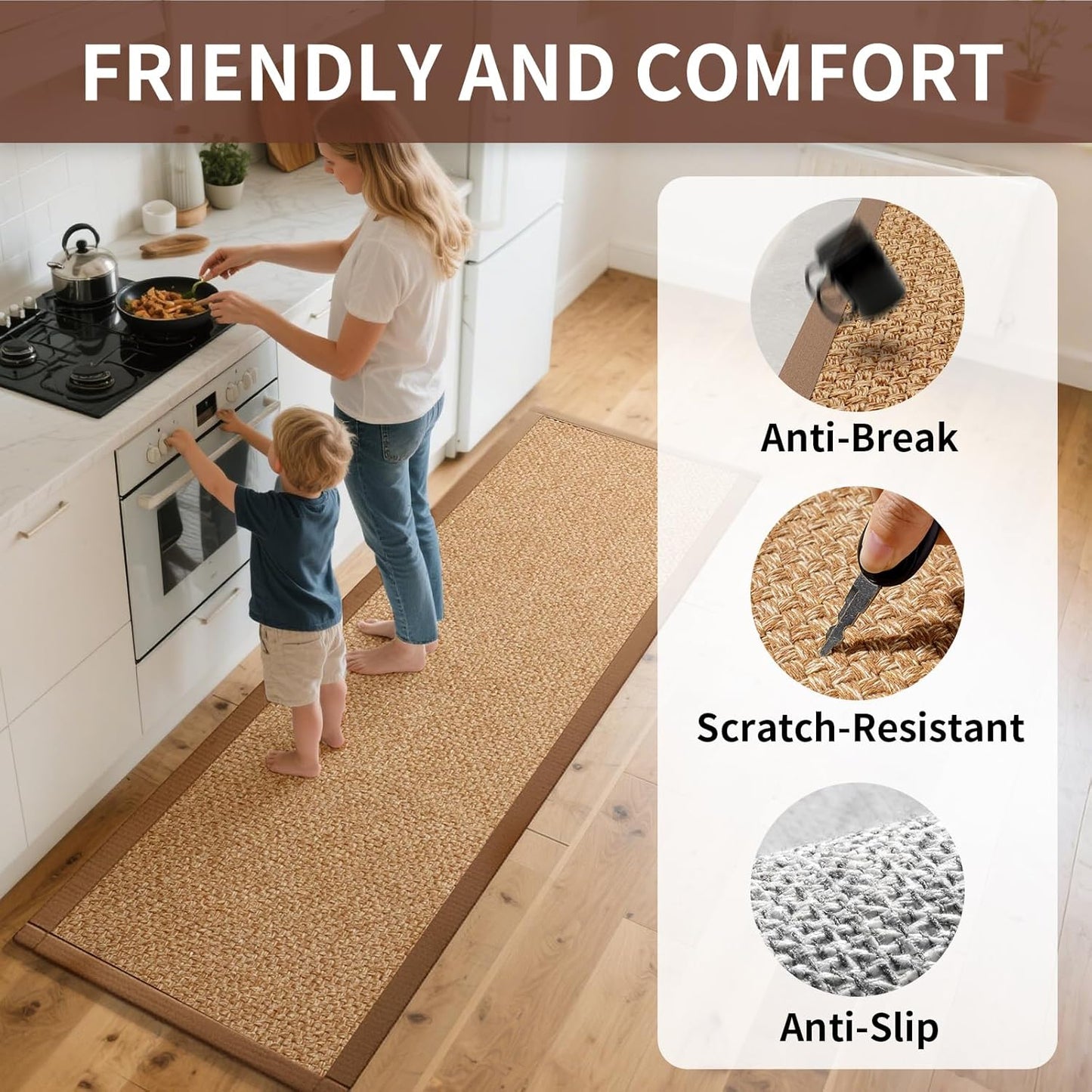 Kitchen Mats for Floor, Rubber Backing Kitchen Rugs Non Slip Washable, Super Absorbent Jute-Like Braid Kitchen Runner Rug Sink Mat Standing Mat, Easy to Clean, Brown 17"x30"