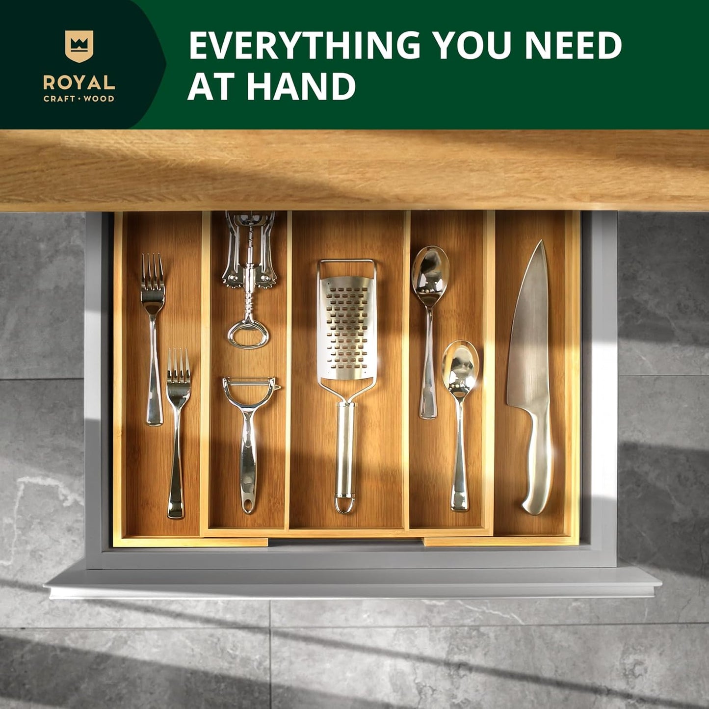 ROYAL CRAFT WOOD Luxury Bamboo Kitchen Drawer Organizer - Silverware Organizer - Utensil Holder and Cutlery Tray with Grooved Drawer Dividers for Flatware and Kitchen Utensils (5 Slot, Natural)
