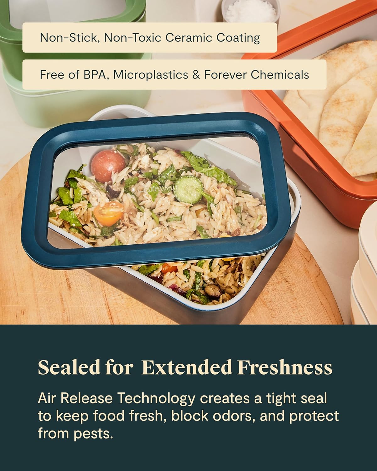 Caraway Glass Food Storage, 6.6 Cup Glass Container,Ceramic Coated Food Container,Easy to Store, Non Toxic, Non Stick Lunch Box Container with Glass Lids. Dishwasher, Oven,Square Shape,Cream