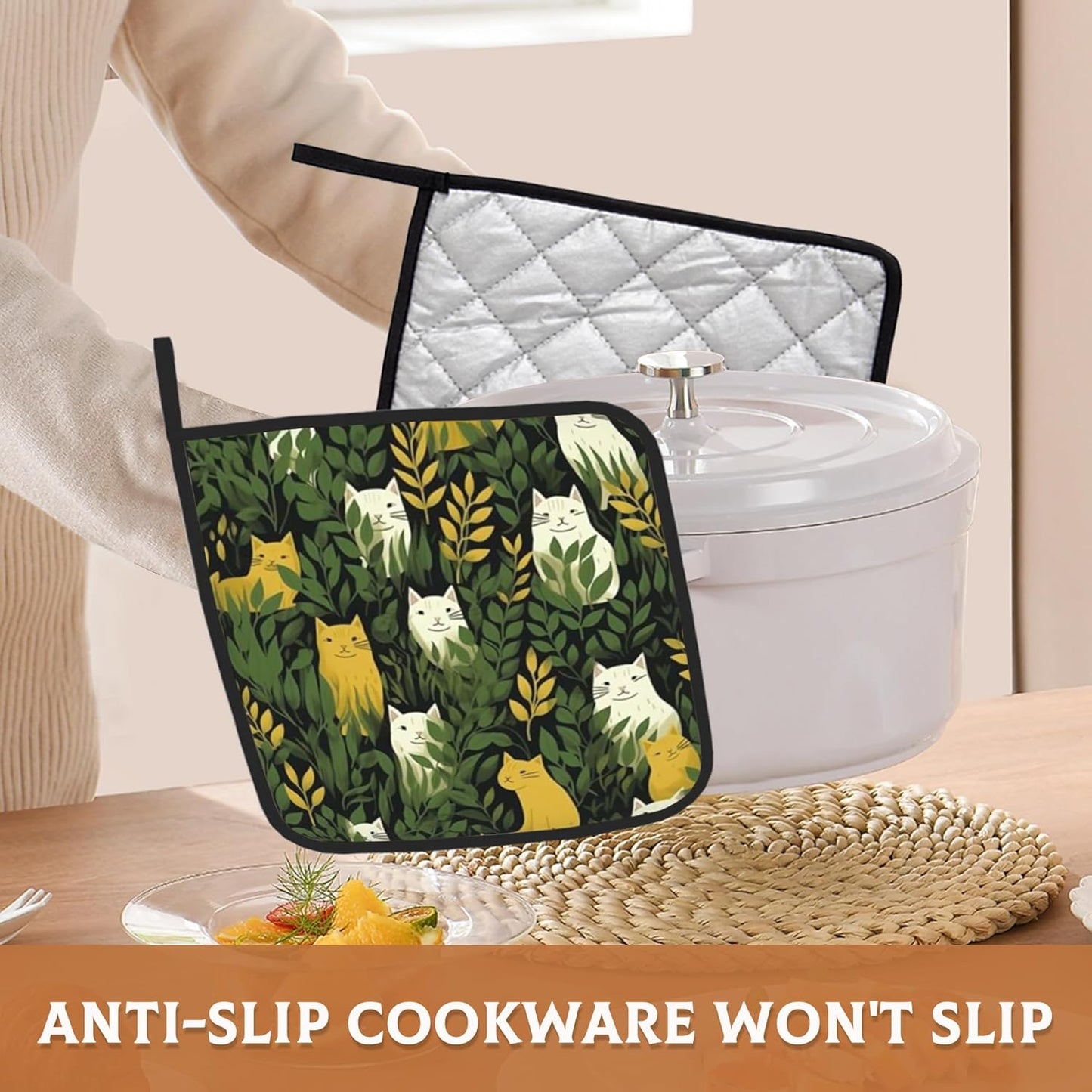 Cute Cats and Green Plants Pot Holder Set of 2,Kitchen Heat Resistant Potholder for Women Men BBQ Cooking Baking