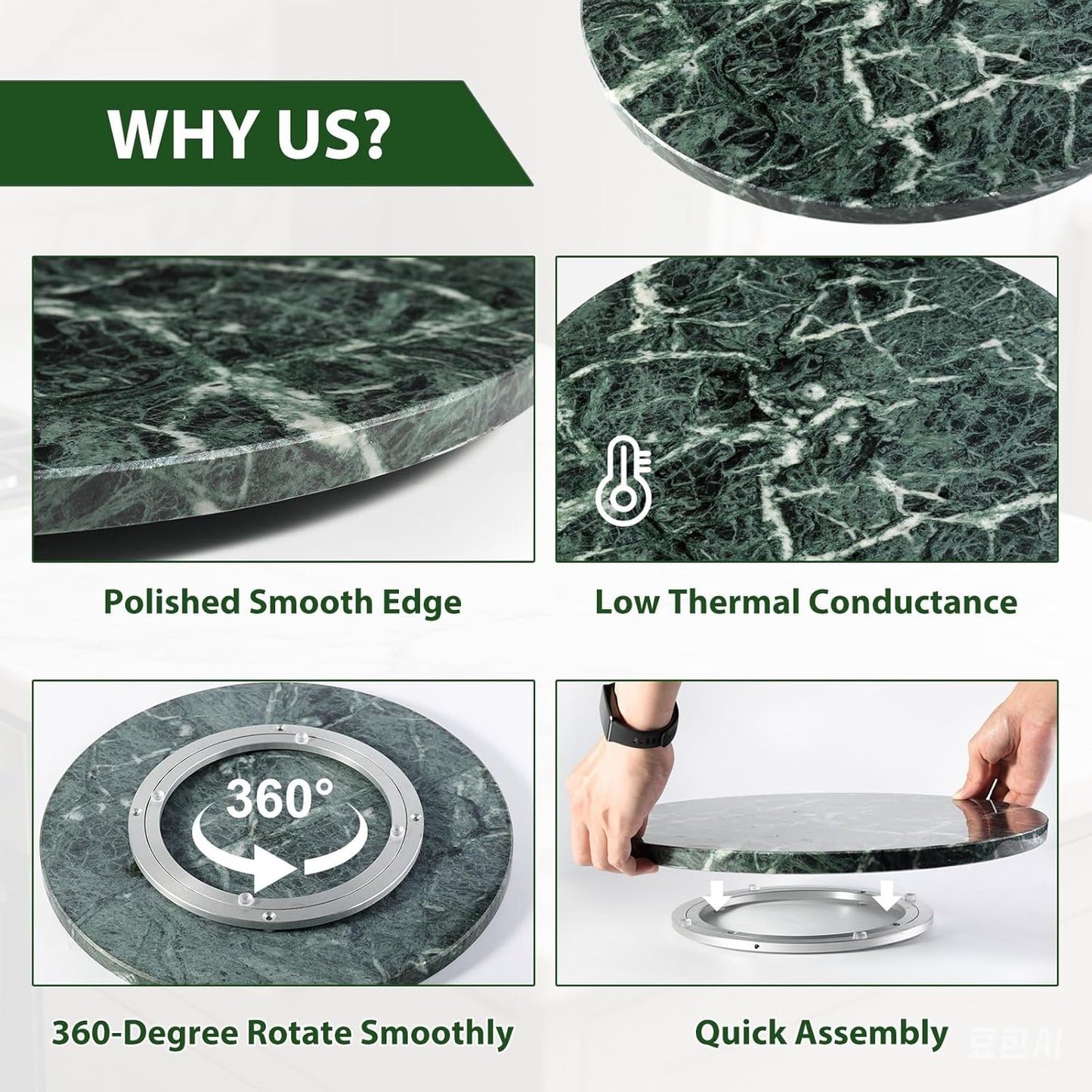 Marble Lazy Susan, 16 in Turntable Organizer for Cabinet Pantry Kitchen Countertop Fridge Bathroom Makeup Vanity Countertop, Detachable Organizer (Indian Green)