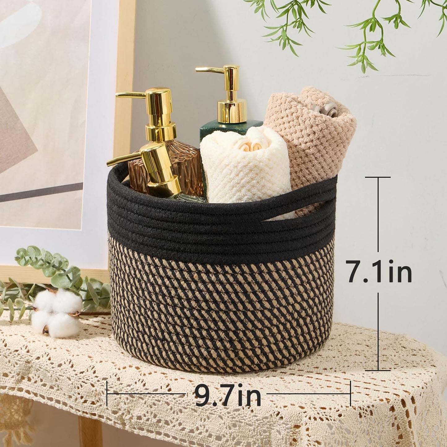Small Basket for Organizing | Cube Shelf Closet Storage Baskets | 9.7×9.7×7.1” | Woven Rope Gift Basket | Nursery | Round 3 Packs Black Brown