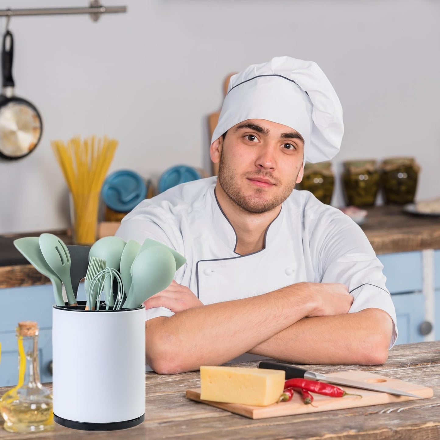 Utensil Holder,4-in-1 Large Kitchen Utensil Holder For Counter,Rotating Silverware Organizer Cooking Flatware Spoon Spatula Tool Cutlery Container Stainless Steel Caddy