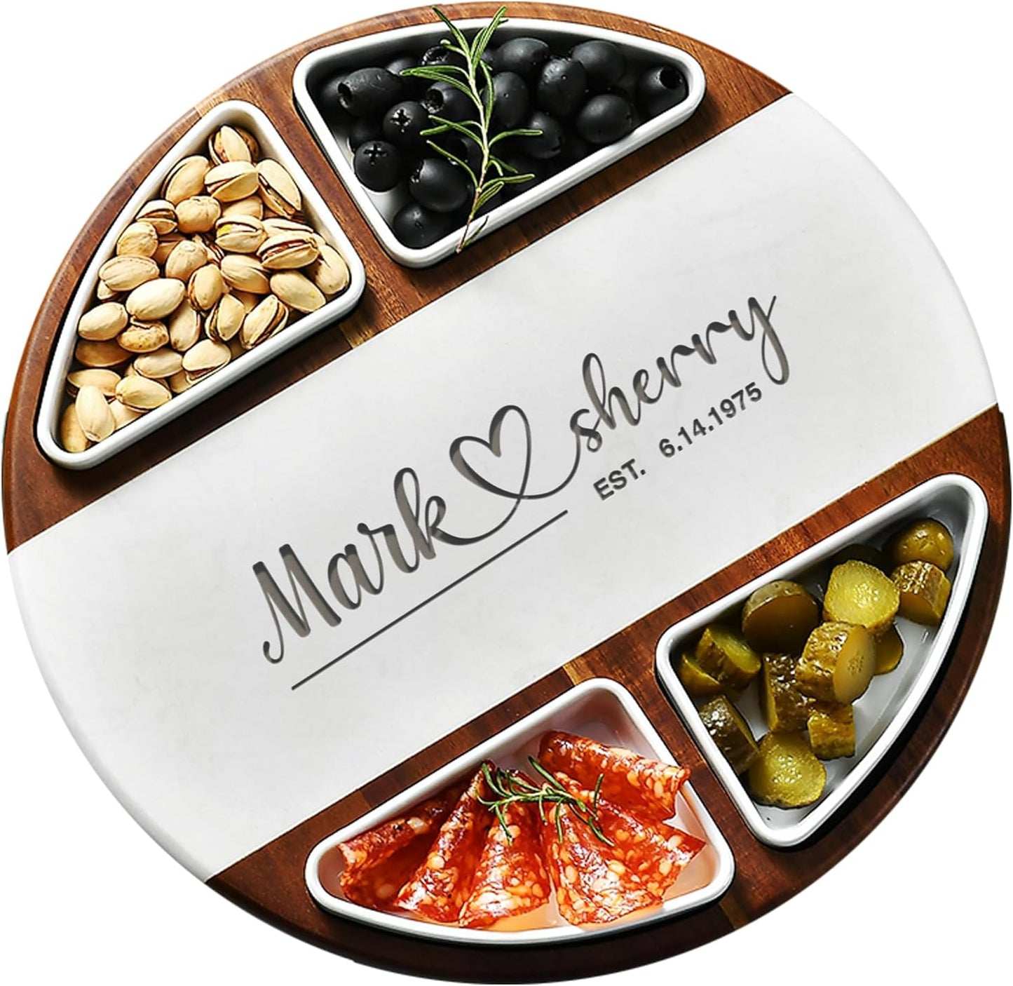 Shanik Upgraded Lazy Susan Cheese Cutting Board Set - Round Acacia Charcuterie Board With 4 Ceramic Bowls - Wedding Gifts - Cheese Serving Platter - Bridal Shower