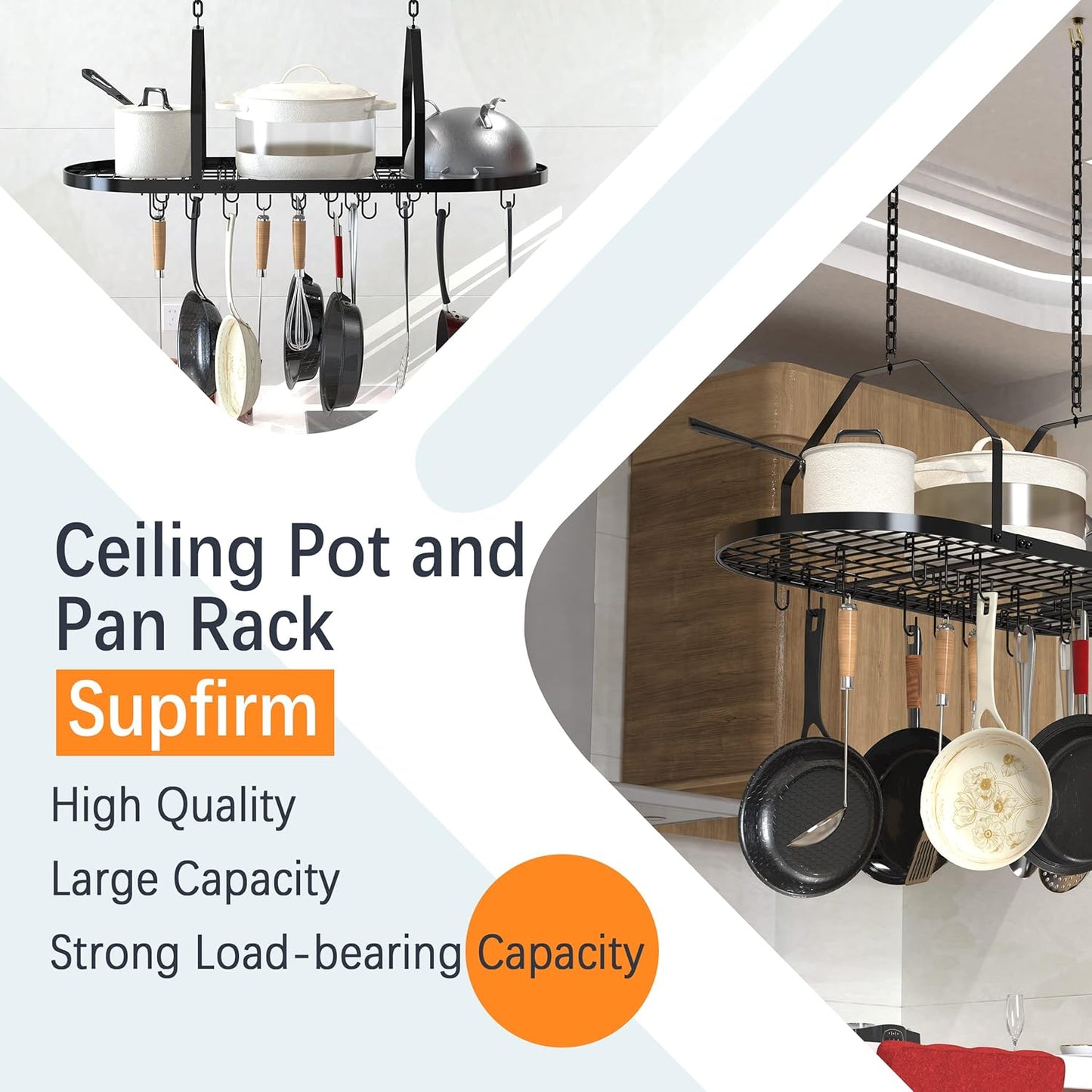 Ceiling Pot and Pan Rack, Kitchen Pot Organizer Storage Rack, Multi-Purpose Organizer for Home, Restaurant, and Kitchen Cookware with 20 Removable Hooks (Black)