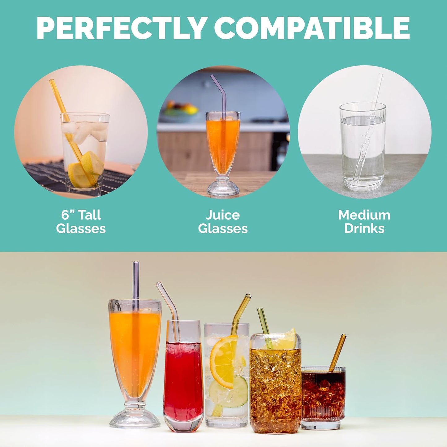 Simply Straws 8 Inch Glass Straws Straight (6-Pack) – Reusable Glass Straws for Pints & Juice Drinkware, with Cleaning Brush – Dishwasher Safe, Hot & Cold Use, BPA-Free (Seaglass)