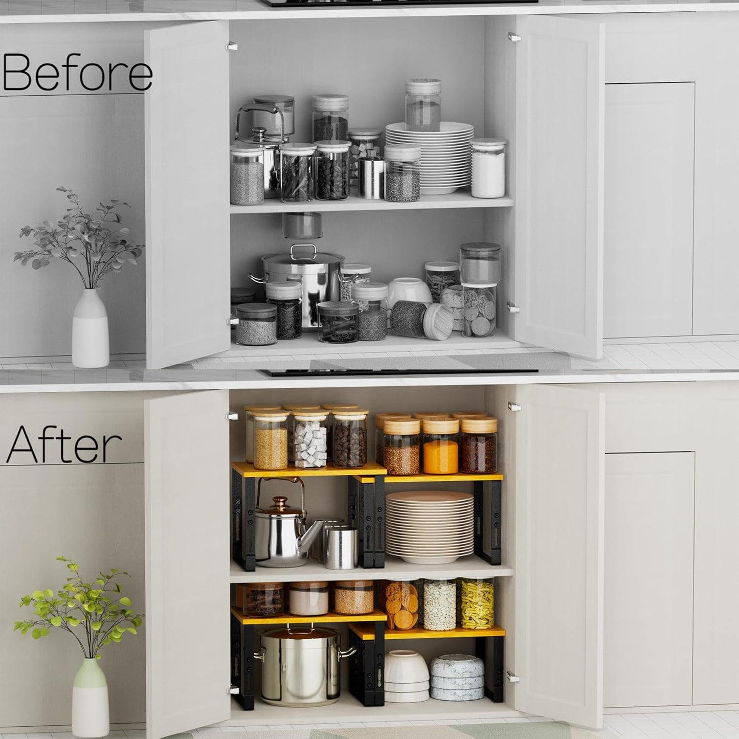 Expandable Kitchen Cabinet Organizer Shelves – Stackable Adjustable Metal and Wood Storage Racks for Countertop, Pantry, Garage Set of 2 Spice Rack – Easy Assembly, Space-Saving(2 Packs/Large/Black)