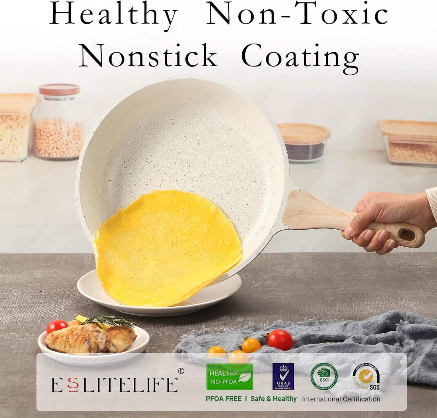 ESLITE LIFE Nonstick Ceramic Frying Pan Skillet with Lid, Non-Toxic Egg Omelette Kitchen Cooking Pans Compatible with All Stovetops (Gas, Electric & Induction), PTFE & PFOA Free (White, 8" w/Lid)