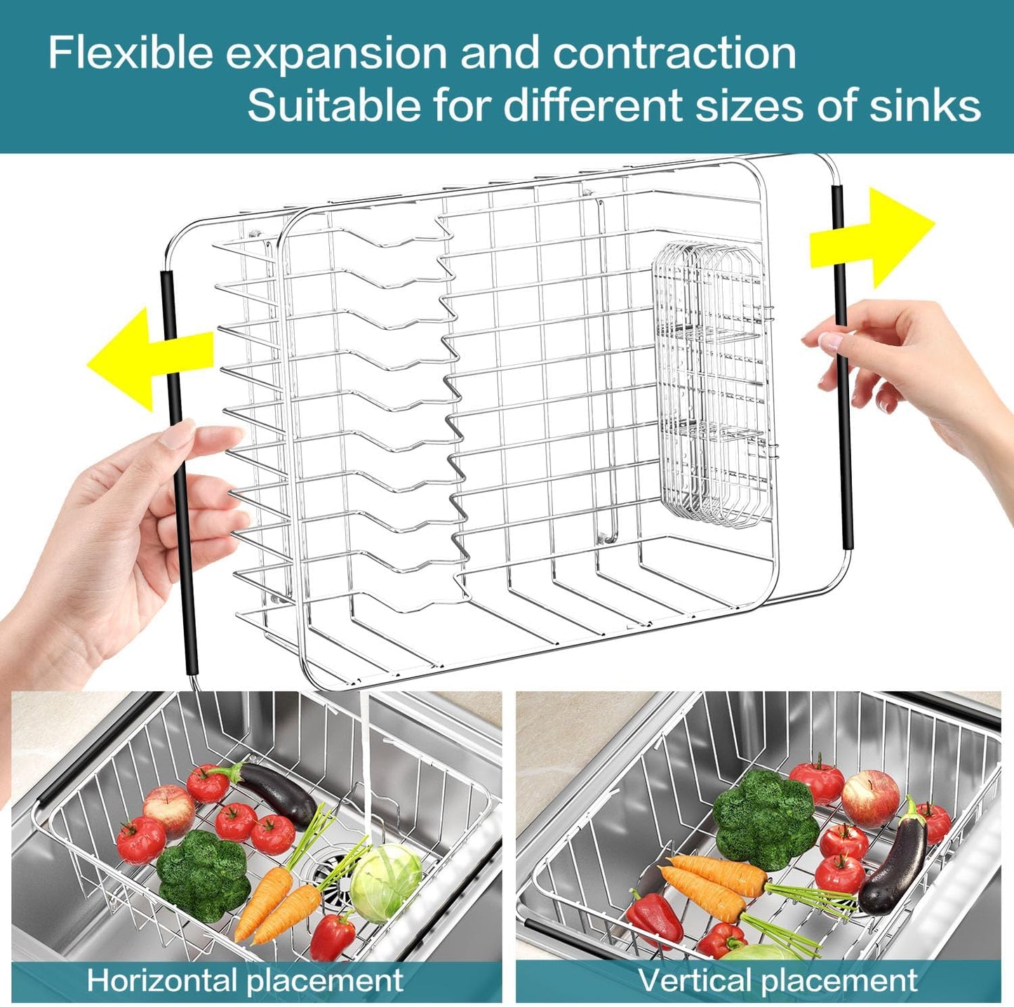 Large Dish Drying Rack in Sink Expandable, Adjustable304 Stainless Steel Metal Dish DrainerRack Organizer with Stainless Steel Utensil Holder Over Inside Sink Counter, Rustproof