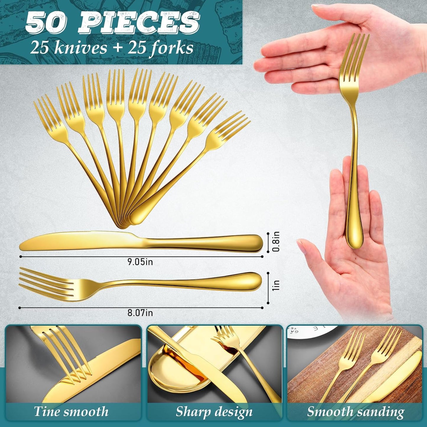 Nuenen 50 Pieces Stainless Steel Forks Silverware Set Dinner Forks and Knives Flatware Tableware Cutlery Set for Kitchen Restaurant(8.07 x 0.94 Inch, 9.06 x 0.79 Inch,Gold)