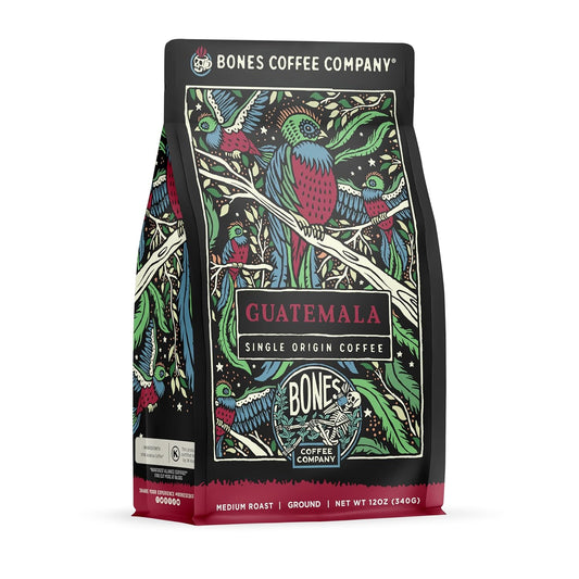 Bones Coffee Company Guatamela Single-Origin, Milk Chocolate, Citrus and Caramel Notes, Ground Coffee Beans, Low Acid Medium Roast Arabica Beans Flavored Coffee, 12 oz Ground