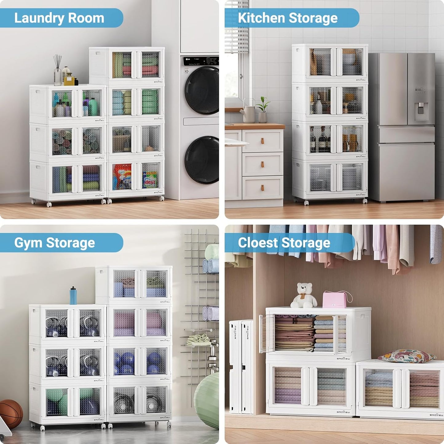 300Qt Stackable Storage Bins with Lids, 75Gal Closet Organizers and Storage Drawer, Plastic Collapsible Storage Bins with Doors, Heavy Duty Store Box Cabinet for Home Office, 3Pack White