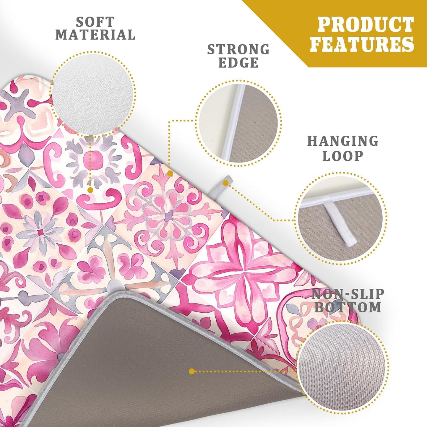 Pink Mexican Tiles Dish Drying Mat Absorbent Microfiber Dish Drying Pad for Kitchen Multi-use Large