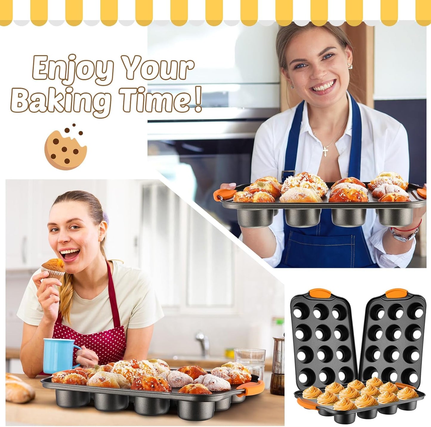 Uiifan 3 Pack Mini Cheesecake Pans Removable Bottom 12 Cavity Mini Cupcake Pan with Silicone Handle Nonslip Anti Heat Nonstick Carbon Steel Muffin Mold 13" x 8" Baking Molds(Orange)