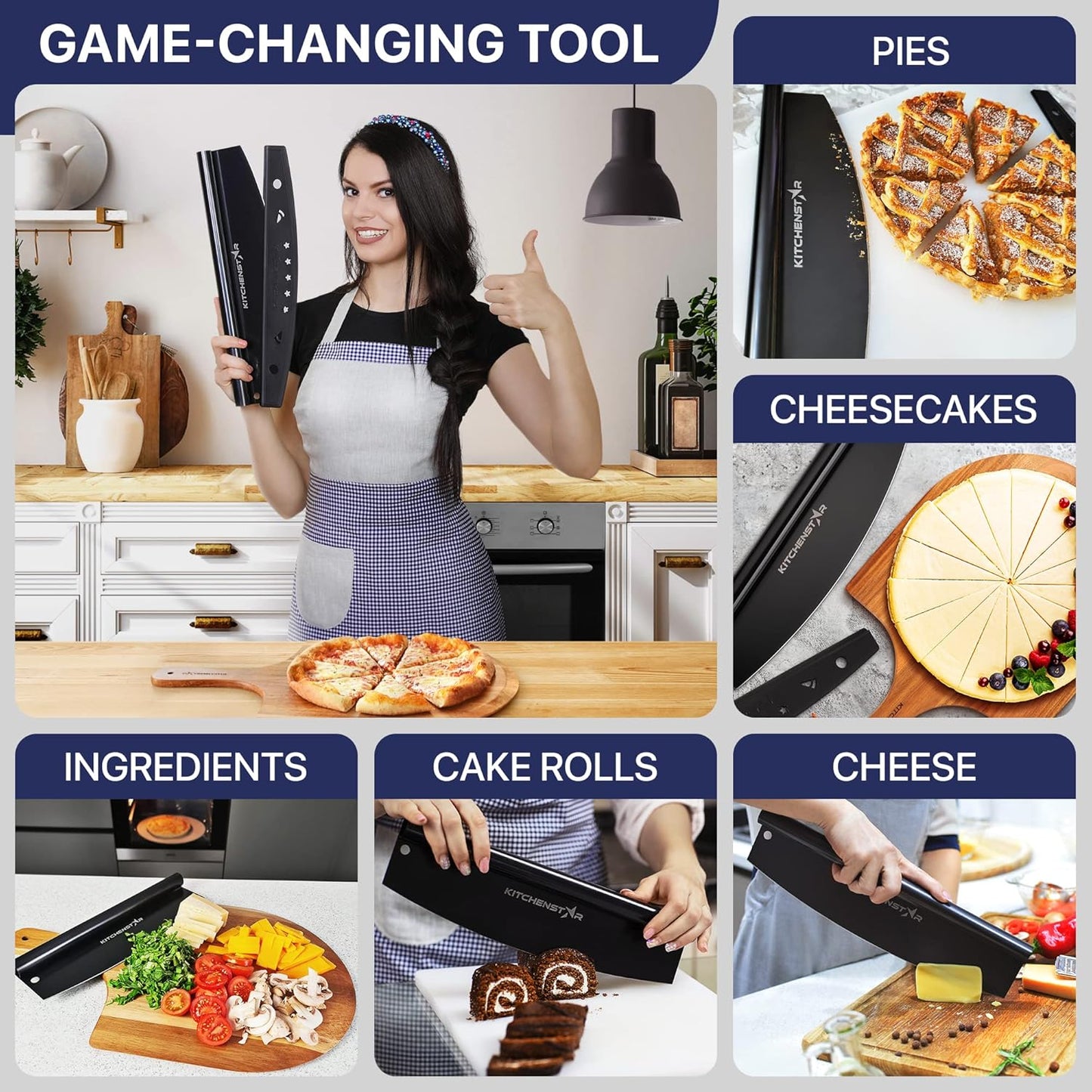 KitchenStar 14-Inch Pizza Cutter Rocker Blade - Sharp Stainless Steel Slicer Knife, Protective Cover, Black Nonstick, Large - Professional Pizza Oven Accessories