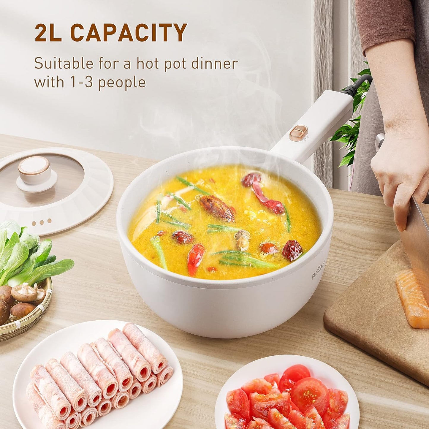 Bear Hot Pot Electric, 2L Multifunctional Portable Cooking Pot, 1000W Rapid Noodles Electric, Non-Stick Frying Pans for Steak, Egg, Ramen, Oatmeal With Dual Power Adjustment