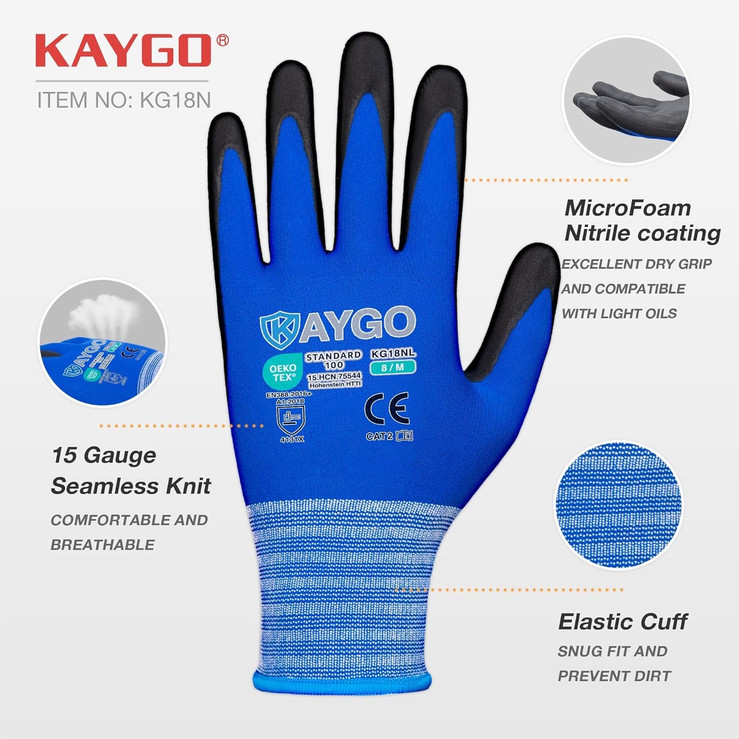 KAYGO Safety Work Gloves MicroFoam Nitrile Coated, 12 Pairs, KG18NB,Seamless Knit Nylon Glove with Black Micro-Foam Nitrile Grip,Ideal for General Purpose,Automotive,Home Improvement,Blue,M