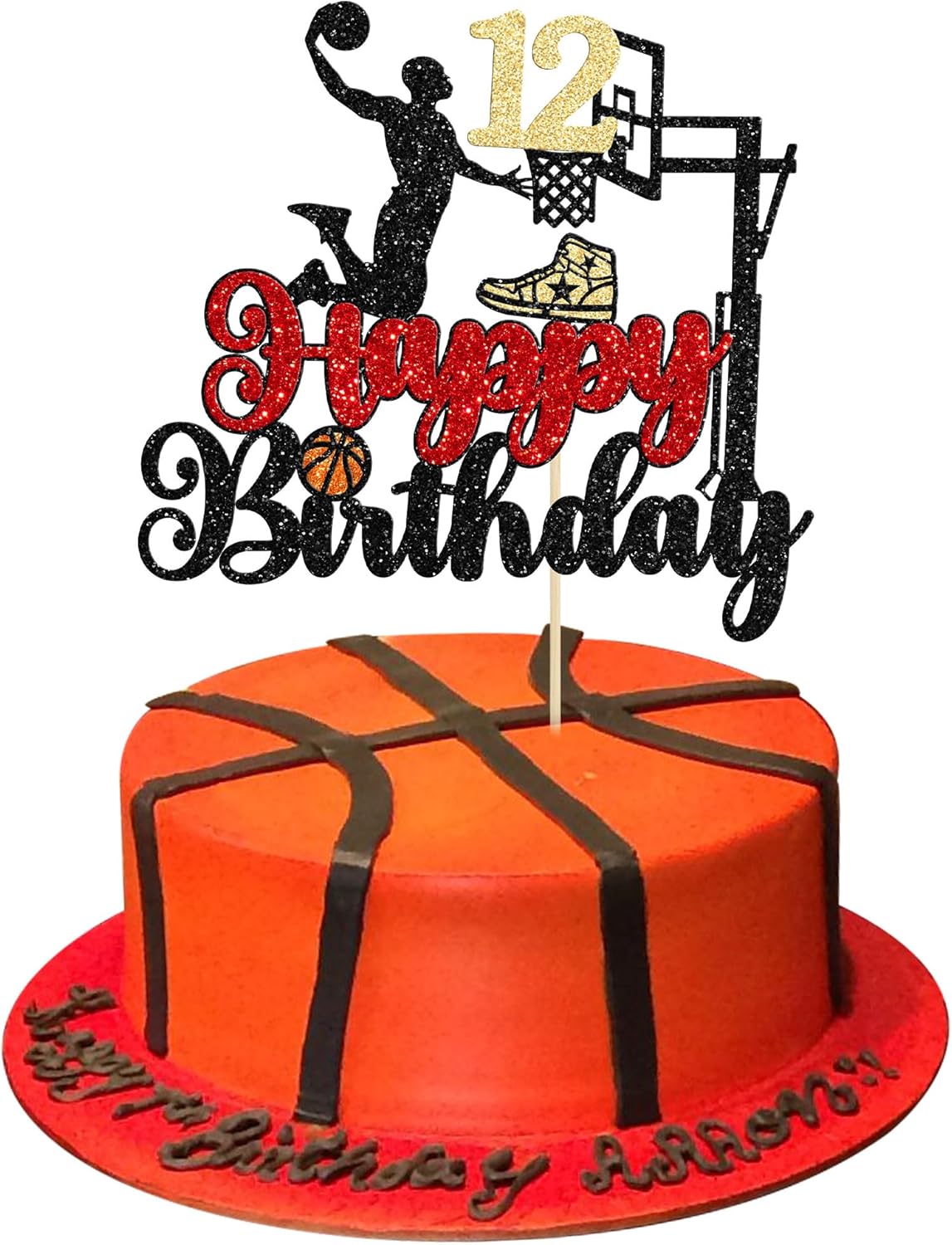 1Pc Happy 12th Birthday Basketball Cake Topper Glitter Basketball Sports Cake Pick Cheers to 12 Years Birthday Cake Decoration for 12th Sports Party Supplies Black