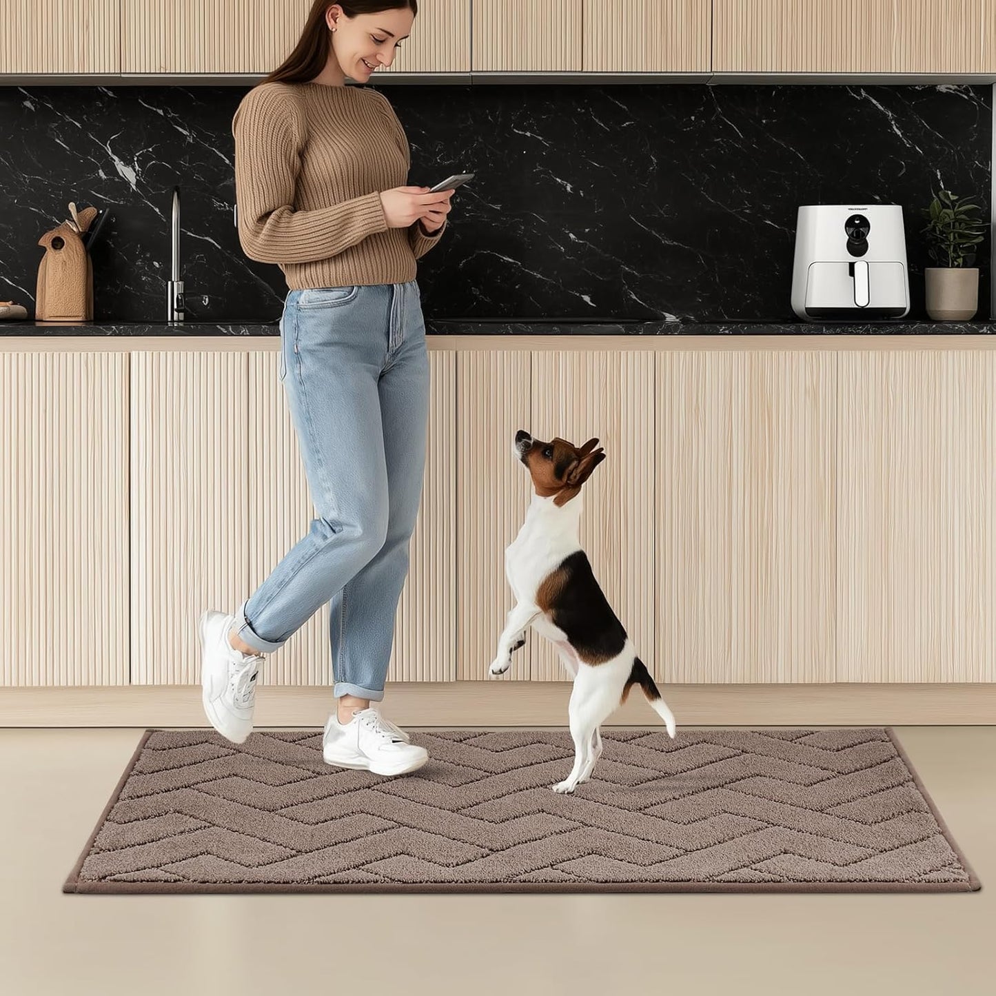Machine Washable Kitchen Rugs Set (24" x 36"+24" x 60"), Non-Slip Kitchen Runner Rugs Mats for Floor, Absorbent Comfort Standing Mats for Kitchen, Sink and Hallway, Rolled Packaging, Grayish Brown