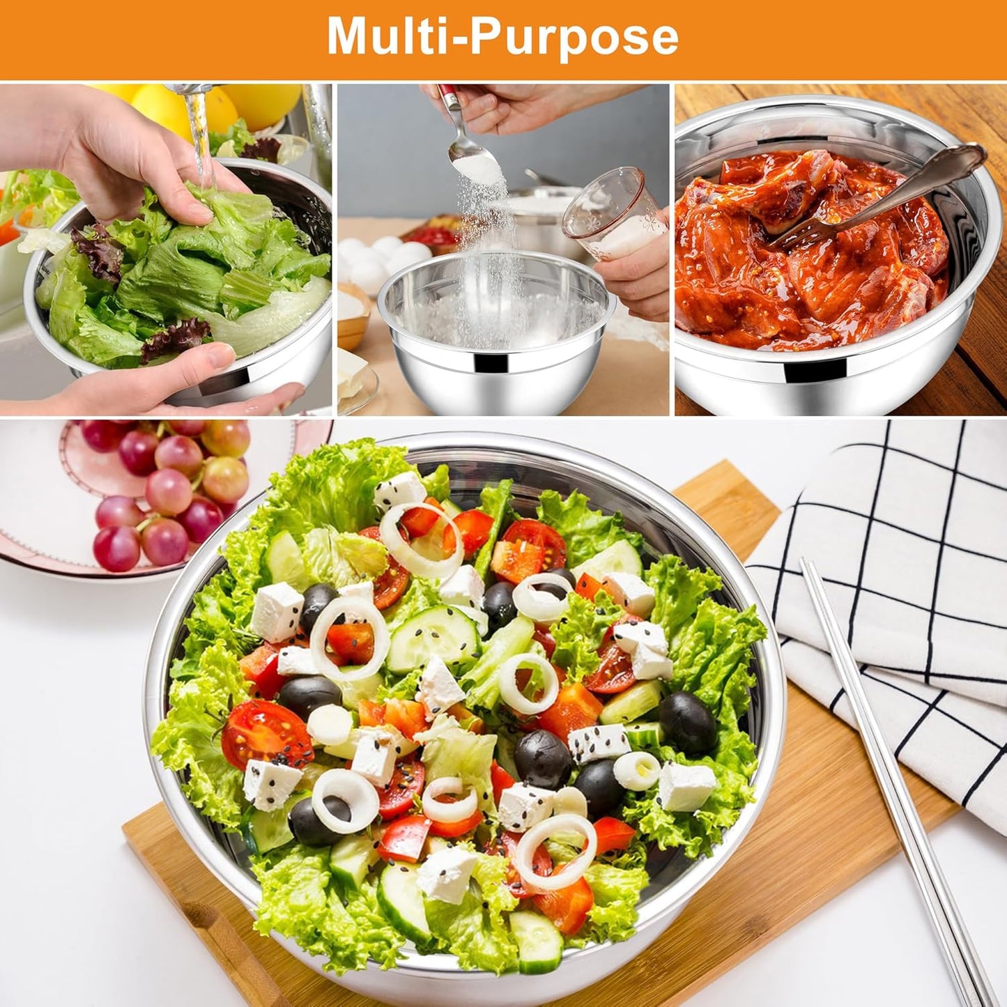 E-far Mixing Bowls with Lids, 6-Piece Stainless Steel Salad Bowls Metal Nesting Bowls for Baking Cooking and Prepping, Airtight Lids & Stackable Design, Size 4.5, 3, 1.5 QT (Colorful)