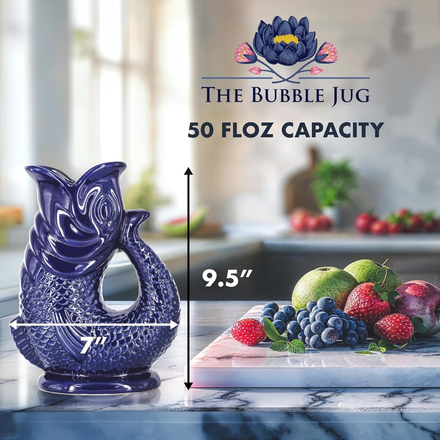 Gurgle Glug Jug The Bubble Jug® Dark Cobalt Blue 50 fl oz 1.5L Litre Extra Large Pitcher - Fish Shaped Jug - Decorative Ceramic Glugging Cocktail, Water and Gin Vase and Gurgling Carafe Pot