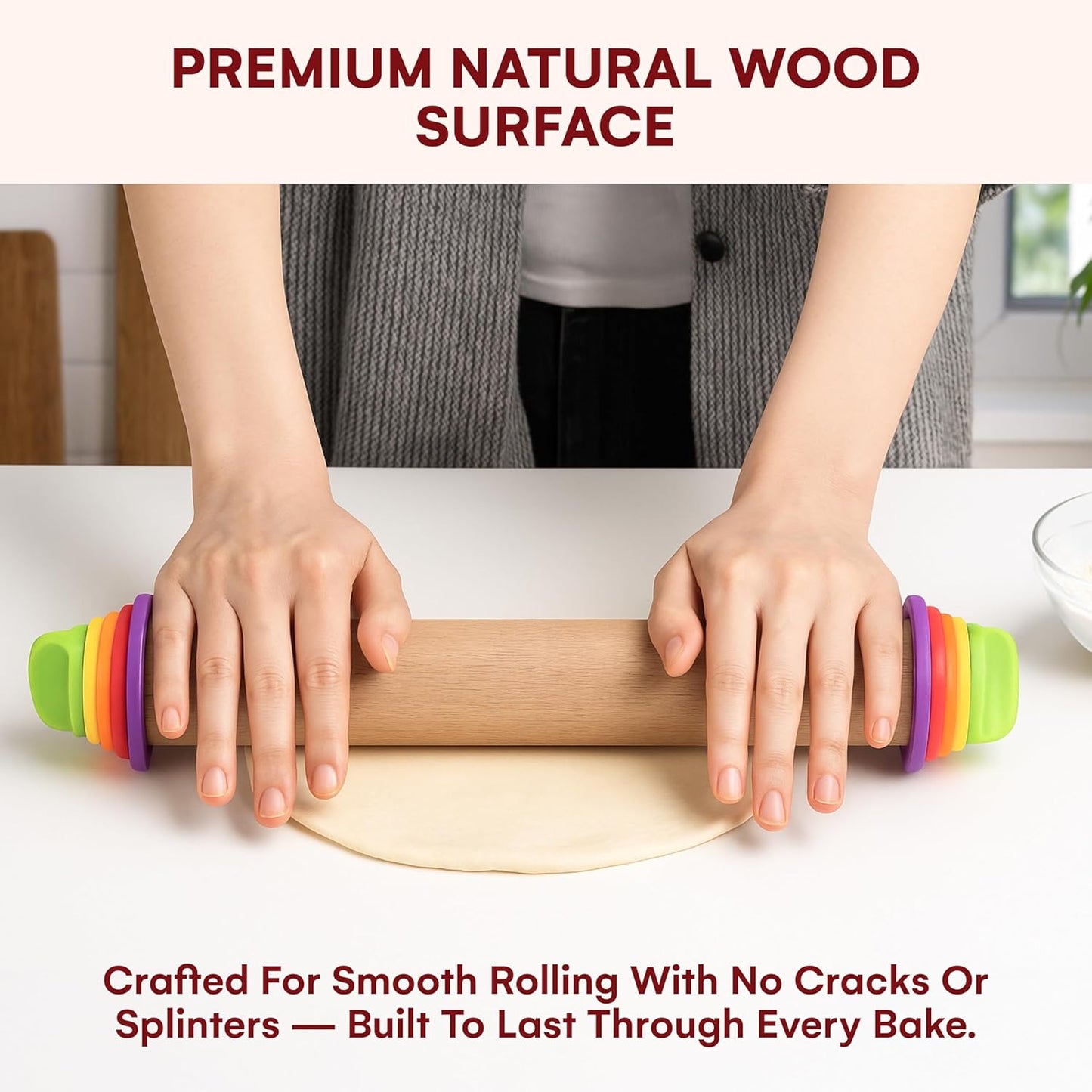 Kitchtic Rolling Pin with Thickness Rings - Adjustable Wooden Rolling Pin - Baking Essential and Roller Tool - Consistent Thickness - Easy to Clean - Beechwood Material - 13.7 x 2.75 x 2.75 inches
