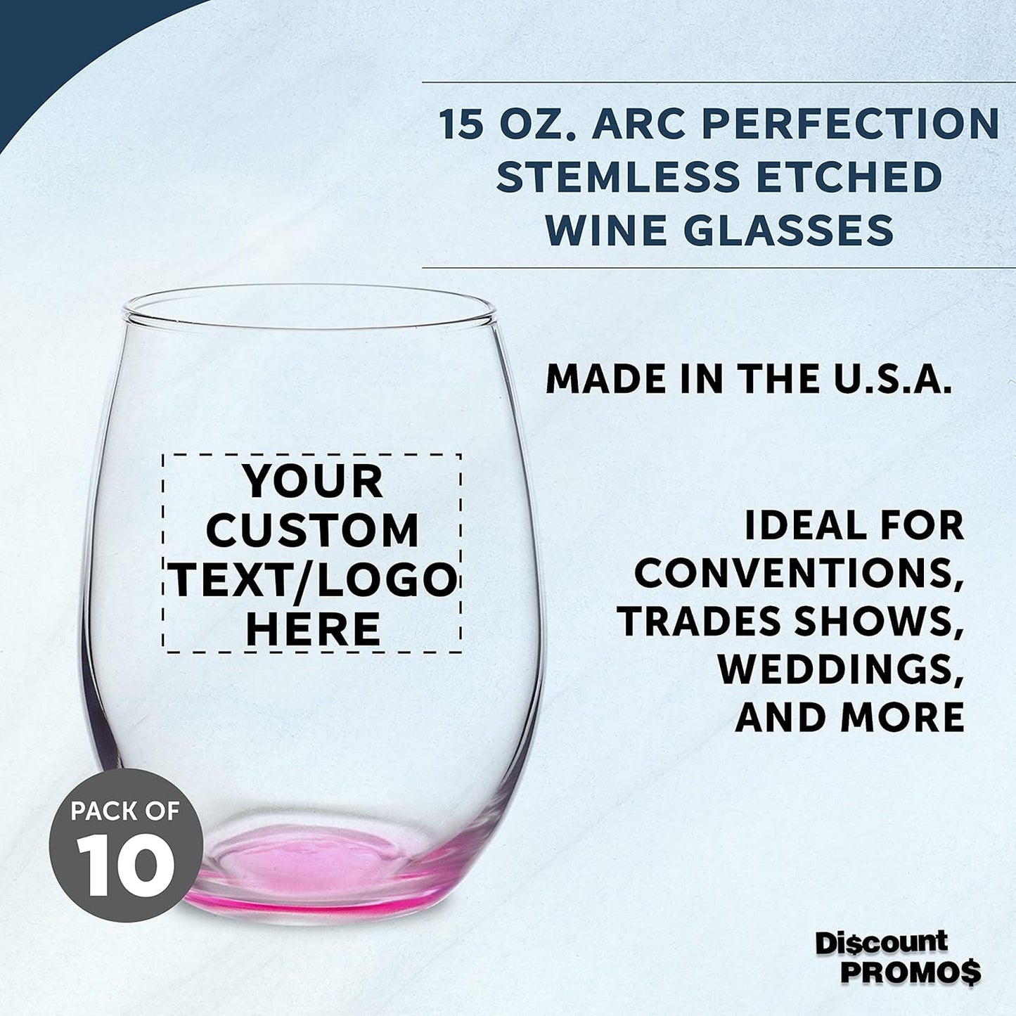 Custom Stemless Wine Glasses in Bulk by ARC Perfection, 15 oz, 10 pack, Personalized Text, Logo, Red or White Wine Glass Set, Pink