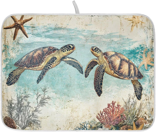 Vintage Ocean Sea Turtle04 Dish Drying Mat for Kitchen Counter Absorbent Microfiber Large Drying Pad Dish mats for Kitchen Countertops 18 x 24 Inch